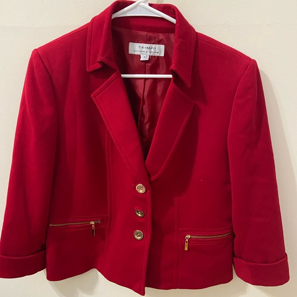 Tahari | Jackets & Coats | Tahari Red Blazer With Shoulder Pads Gold ...